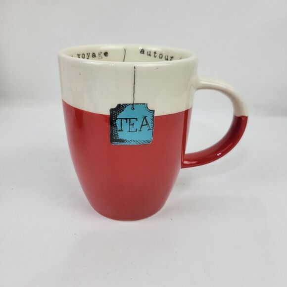Maisons du Monde Tea Mug Cup & Bowl Set Red & Tan Invitation to Travel NWT - Picture 6 of 10